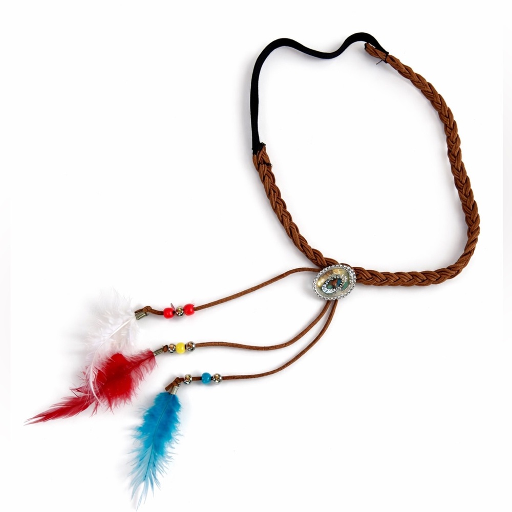 Western Headband red white blue feathers leather